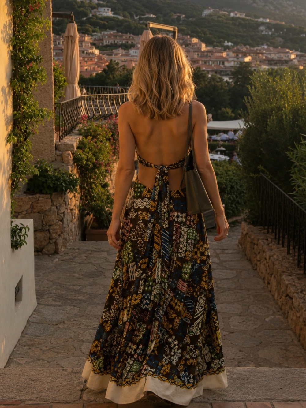 Alemais Halter Maxi Dress in Black, Blue & Gold Patchwork